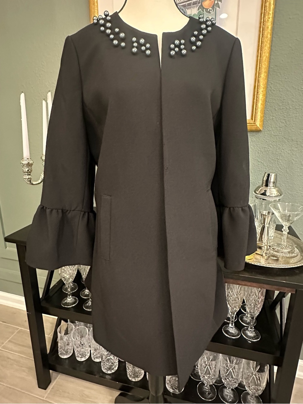 Black Pearl-Embellished Ruffle Sleeve Jacket